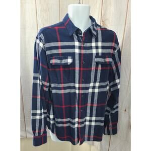 GEORGE Men's L (42-44) Navy Flannel Long Sleeve Shirt Chest Pockets Button Up